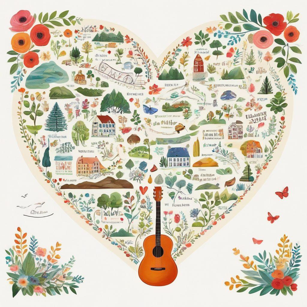 A beautifully illustrated map that charts a romantic journey, featuring heart-shaped markers at significant locations filled with small icons representing shared experiences (like a picnic basket, a guitar, and a movie ticket). Add whimsical paths connecting these moments, surrounded by soft pastel colors and delicate floral patterns, conveying warmth and nostalgia. oil painting style. vibrant colors. white background.