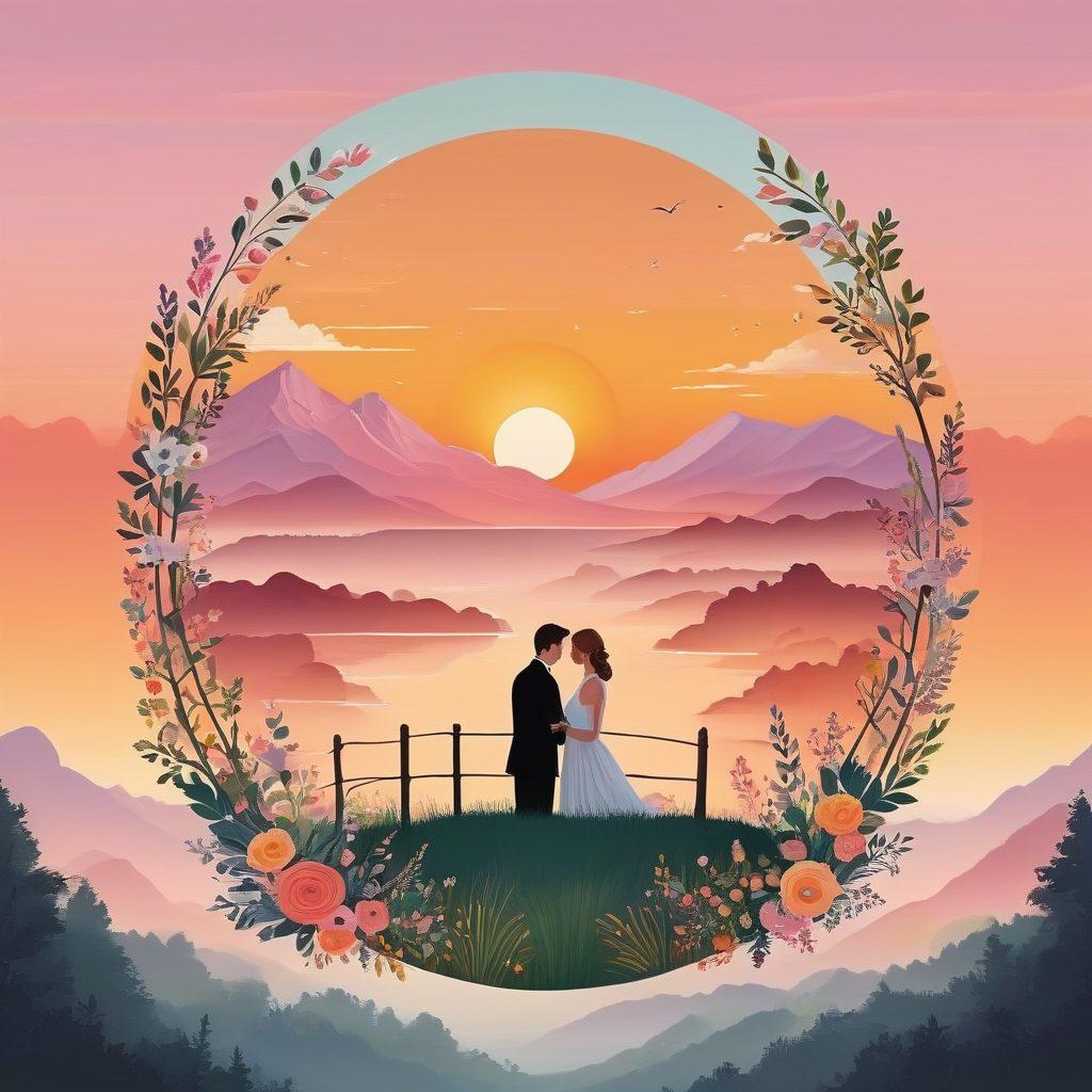 A beautifully illustrated timeline winding through a serene landscape, showcasing key moments like a first date, engagement, and wedding, each marked with vibrant icons and romantic symbols. Soft pastel colors blend into a warm sunset background, creating a nostalgic yet hopeful atmosphere. Delicate floral elements intertwine with the timeline, enhancing the sense of love and growth. super-realistic. vibrant colors. warm mood.